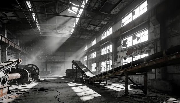 Old abandoned factory interior industrial decay scene with broken windows and conveyor belts dusty atmosphere.