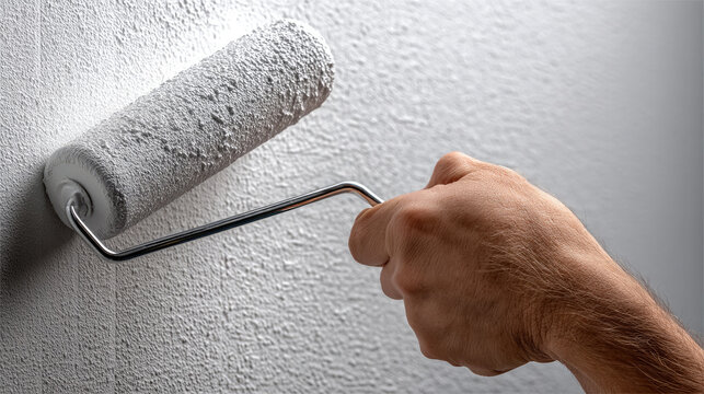 Hand holding paint roller applying white primer to textured drywall surface, home renovation, close up, preparation, clean, bright, improvement