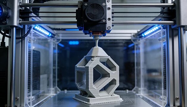 Additive manufacturing d printer building intricate geometric object layer by layer using fused deposition.