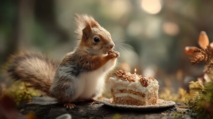 Fototapeta premium Squirrel eating cake forest