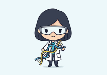 Female Scientist Holding DNA Helix Flat Vector