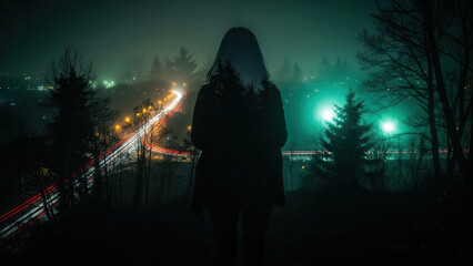 Woman silhouette facing foggy night highway and city light trails in forest blend.