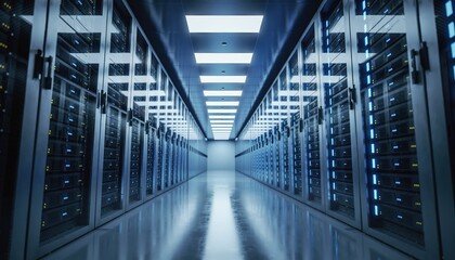 A brightly lit long corridor in a modern data center showcasing many rows of advanced server racks