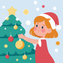 A happy young girl with red hair and a santa hat decorates a christmas tree with festive ornaments and a bright star on top