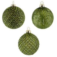 Set of green textured glass Christmas baubles isolated