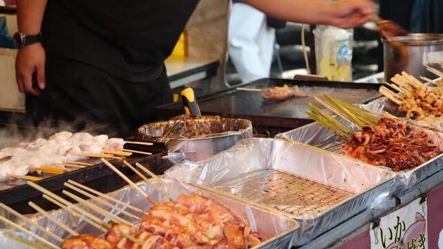 Street food chef grilling fresh squid skewers on a teppan at a traditional festival in Japan