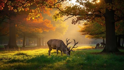 Majestic stag grazing in a sunlit autumn forest with dappled light deer nature