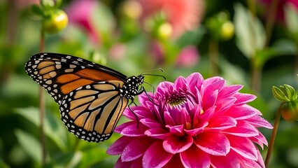 Monarch butterfly on vibrant pink dahlia flower with water droplets insect