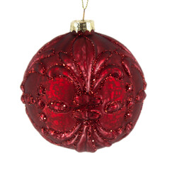 Deep red glass Christmas bauble with embossed floral pattern