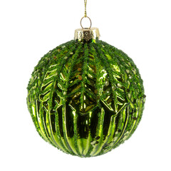 Green ribbed striped glass Christmas bauble with metallic sheen