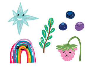 Naive children's illustrations with elements of nature. Berries, rainbow, leaf, star.