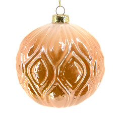 Peach glass Christmas bauble with gold ornamental teardrop motifs