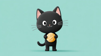 Adorable black kitten holding yellow ball of yarn on teal background, showcasing playful and cute expression