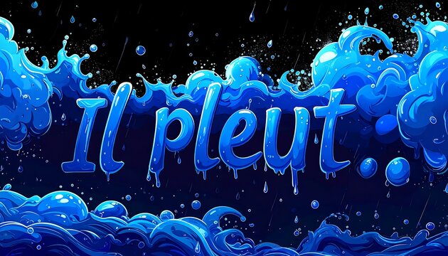 Cartoony blue liquid waves surround "Il pleut..." in a styled font against a dark backdrop with rain droplets