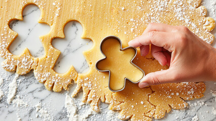 close up of a hand using a metal cutter to shape cookies from rolled dough sprinkled with flour on a kitchen surface