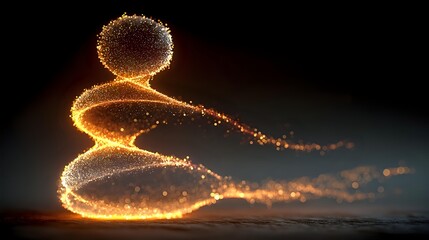 Obraz premium Golden particle spiral with glowing light trails creating dynamic motion effect against dark background for digital art and creative projects.