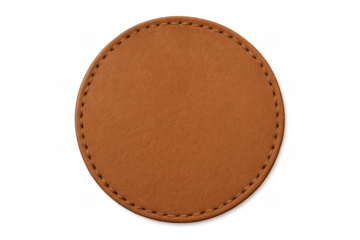 Round brown stitched leather patch with transparent background