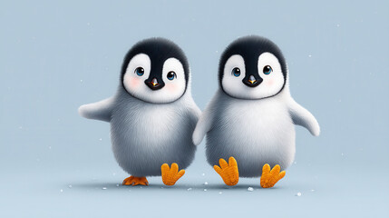 Fototapeta premium Cute baby penguins waddling together in charming flat design illustration, showcasing their fluffy feathers and bright orange feet against soft blue background