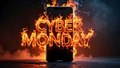 Phone display with fiery 'Cyber Monday' text, smoke against a dark backdrop on a grey surface