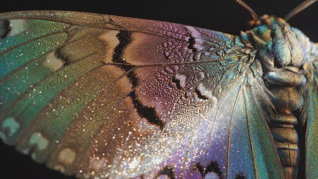Close up of a sparkling moth wing with glitter showing intricate patterns and texture for nature concept