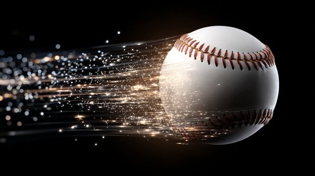 A high-speed baseball flies through the air, leaving a trail of sparkling motion, showcasing the excitement and thrill of the game in a dynamic sports image.