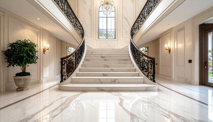 Elegant marble staircase with ornate iron railings and polished floors in a bright, upscale entryway
