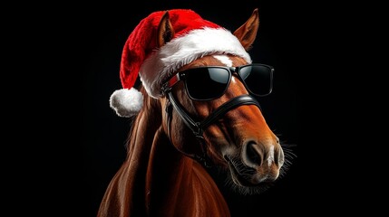 Holiday Horse Wearing Santa Claus Hat and Sunglasses on a Fun Black Background for Christmas Design