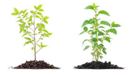 Two different types of young saplings, common roadside planting on transparent background
