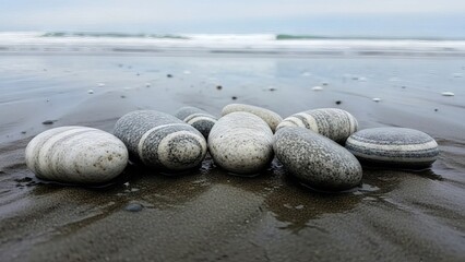 Smooth Pebbles Arranged on a Wet Beach Shoreline with Gentle Waves