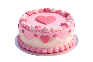A pink heart - decorated round cake for a special occasion