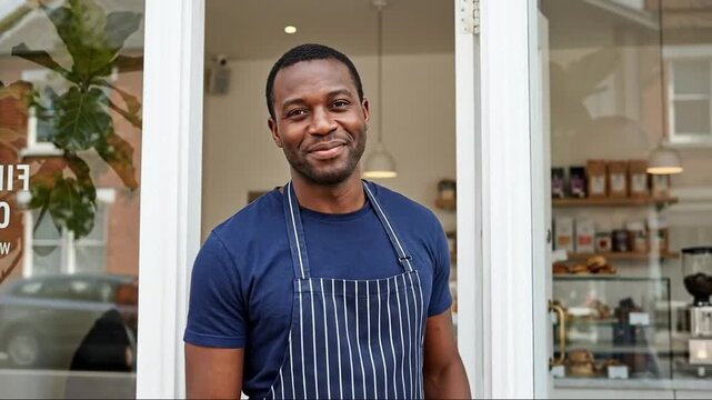 Confident African American Cafe Owner Smiling in Doorway, Welcoming Customers to His Thriving Small Business