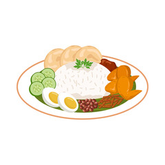 Traditional Rice Plate Illustration with Egg, Vegetables, and Side Dishes