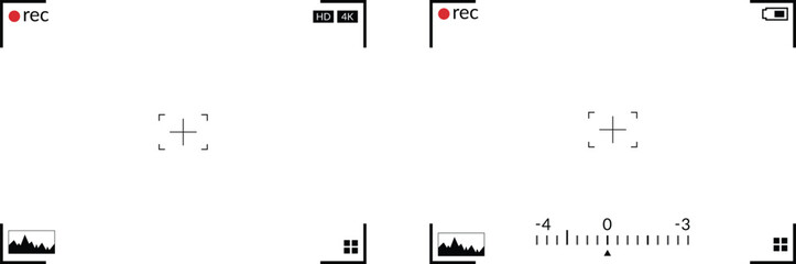 Camera Viewfinder Overlay Elements. Video Camera Viewfinder Frame. Recording Status, Focus Grid, and Exposure Metering Graphics. Vector Illustration.