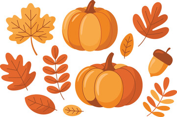 Autumn illustration set featuring pumpkins, fall leaves, acorn, foliage elements, seasonal decorations perfect for Thanksgiving, harvest, cozy autumn design themes