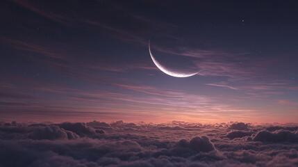 A celestial panorama featuring the crescent moon and stars above the clouds at sunset. The sky displays a breathtaking blend of colors.