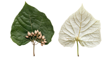 Two varieties of Catalpa trees with large leaves and seed pods side view on transparent background
