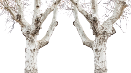 Two unique sycamore trees with mottled bark and broad canopy in bare winter form on transparent background