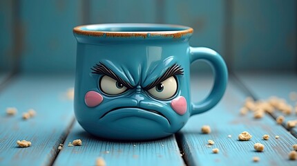 A blue ceramic mug with an expressive angry cartoon face has sculpted features: furrowed eyebrows, big round eyes with detailed reflections, flushed pink cheeks, and a deep frowning mouth.