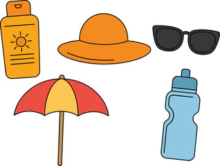 Summer essentials illustration featuring sunscreen, sun hat, sunglasses, beach umbrella, and water bottle, perfect for vacation, travel, outdoor safety designs