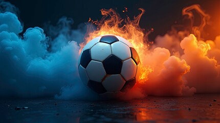 Vibrant soccer ball centered in a swirl of red and blue smoke, creating a dynamic and energetic atmosphere.