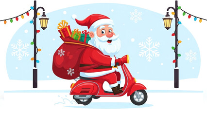Santa on Scooter Illustration &ndash; Fun Christmas Art