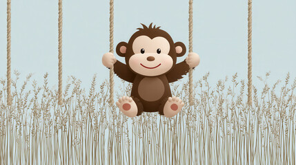 Cute, mischievous monkey swings joyfully on vines against backdrop of tall grass, creating playful and whimsical scene. flat design illustration captures monkey cheerful expression