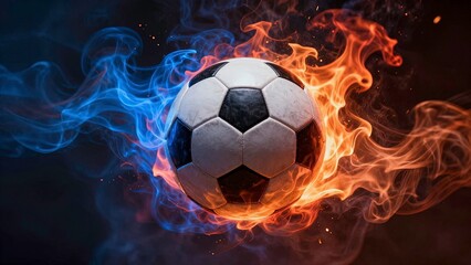 Vibrant soccer ball centered in a swirl of red and blue smoke, creating a dynamic and energetic atmosphere.