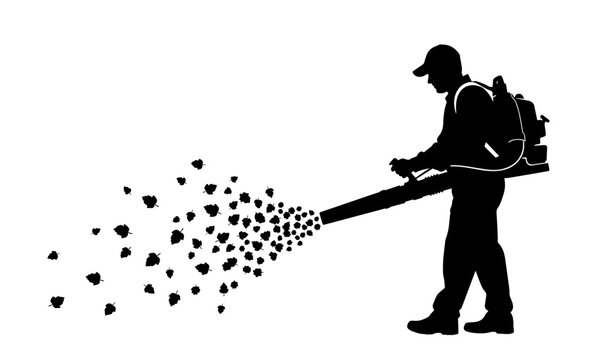Captured in a detailed black silhouette, a gardener wearing a cap and a heavy motorized backpack blower forcefully directs a gust of air that sends a swarm of leaves scattering across the white void