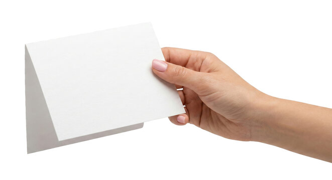 Hand holding blank white folded greeting card