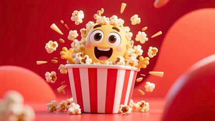 Cute animated popcorn character inside a classic red and white striped popcorn bucket with big expressive cartoon eyes and a wide open excited mouth.