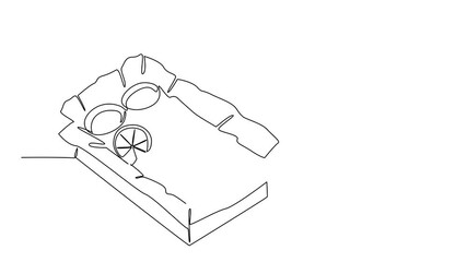 Animation of continuous line drawing of classic fish and chips served in a takeaway box with sauces and lemon slices, representing National Fish and Chip Day in a food concept. Full length motion