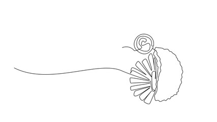 Animated self drawing of one line drawing of fish and chips served on a round plate with sauces and lemon slice, National Fish and Chip Day, traditional British food. Full length animation