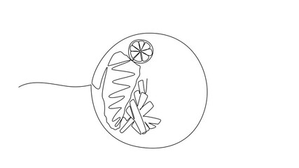 Self drawing animation of continuous line drawing of fish and chips with sauces on a round plate, designed to celebrate National Fish and Chip Day, blending minimalism and food. Full length animated
