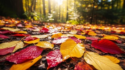 Vibrant autumn leaves scattered on forest floor with sunlight filtering through trees